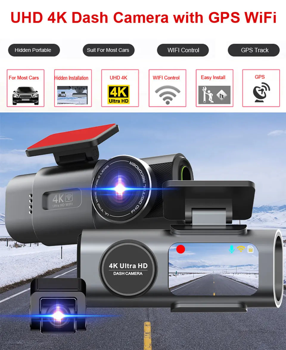 4K UHD Dual Lens Dash Cam with Wi-Fi, GPS, Night Vision, and 24H Parking Monitor
