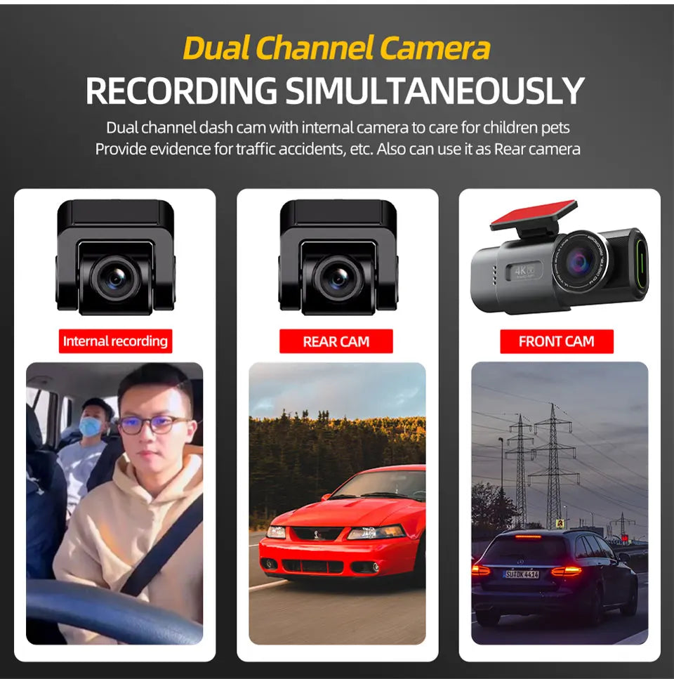 4K UHD Dual Lens Dash Cam with Wi-Fi, GPS, Night Vision, and 24H Parking Monitor
