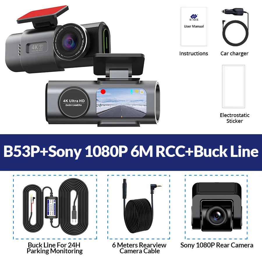 4K UHD Dual Lens Dash Cam with Wi-Fi, GPS, Night Vision, and 24H Parking Monitor