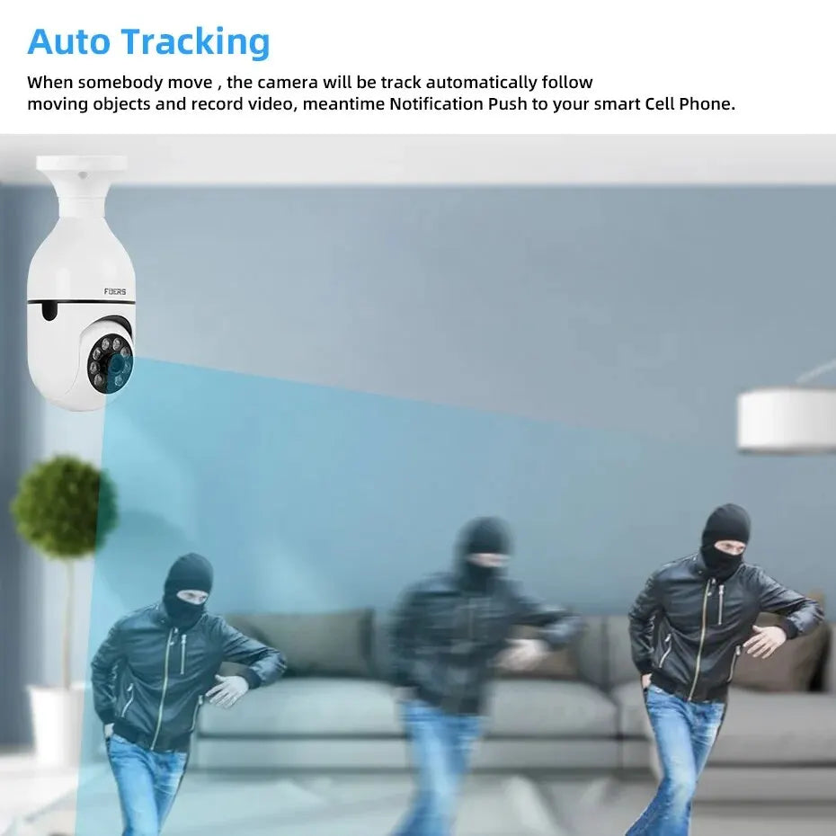 360° Smart Bulb Security Camera – WiFi, Night Vision & Auto Tracking in One!