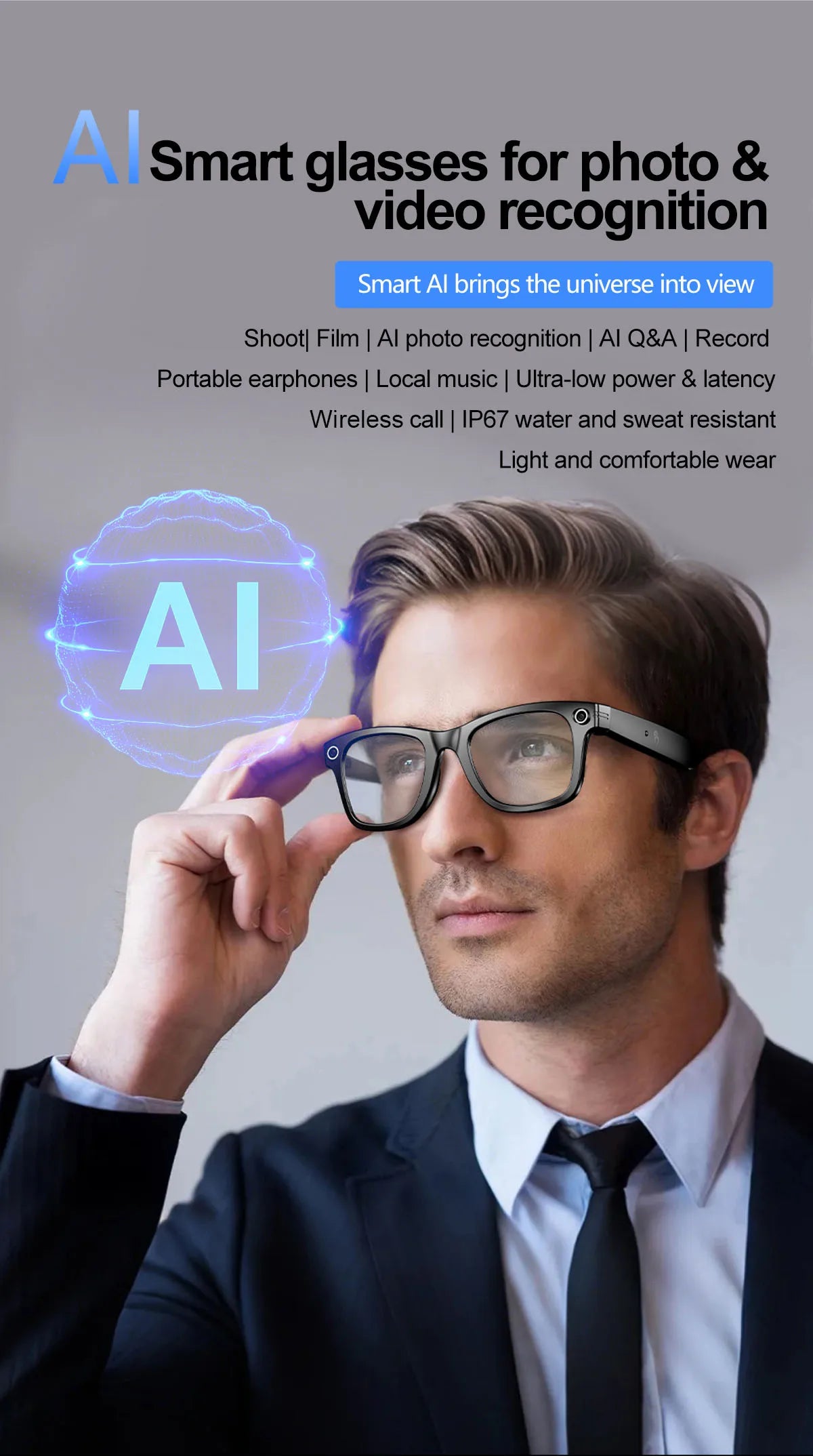 Smart Bluetooth Glasses with Camera – Video Recording, AI Translation & Photo Recognition