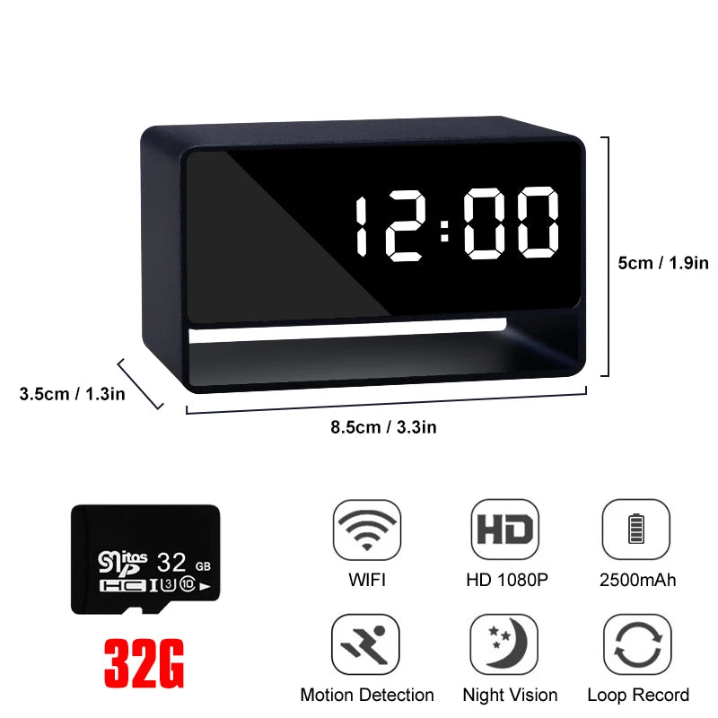 1080P WiFi Alarm Clock Mini Camera with IR Night Vision – 2500mAh Full Aluminum Alloy Digital Recorder