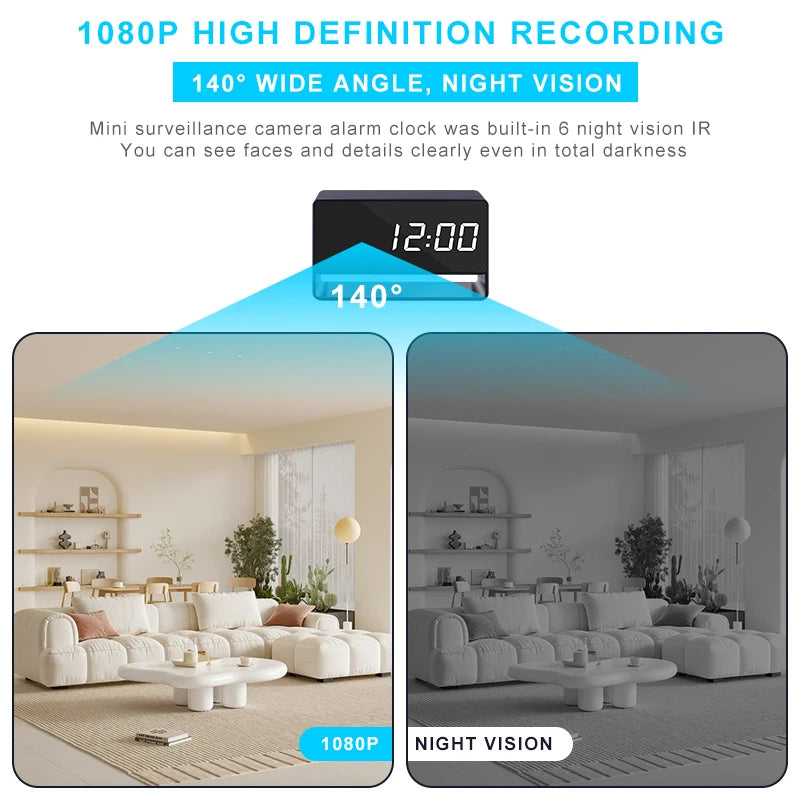 1080P WiFi Alarm Clock Mini Camera with IR Night Vision – 2500mAh Full Aluminum Alloy Digital Recorder