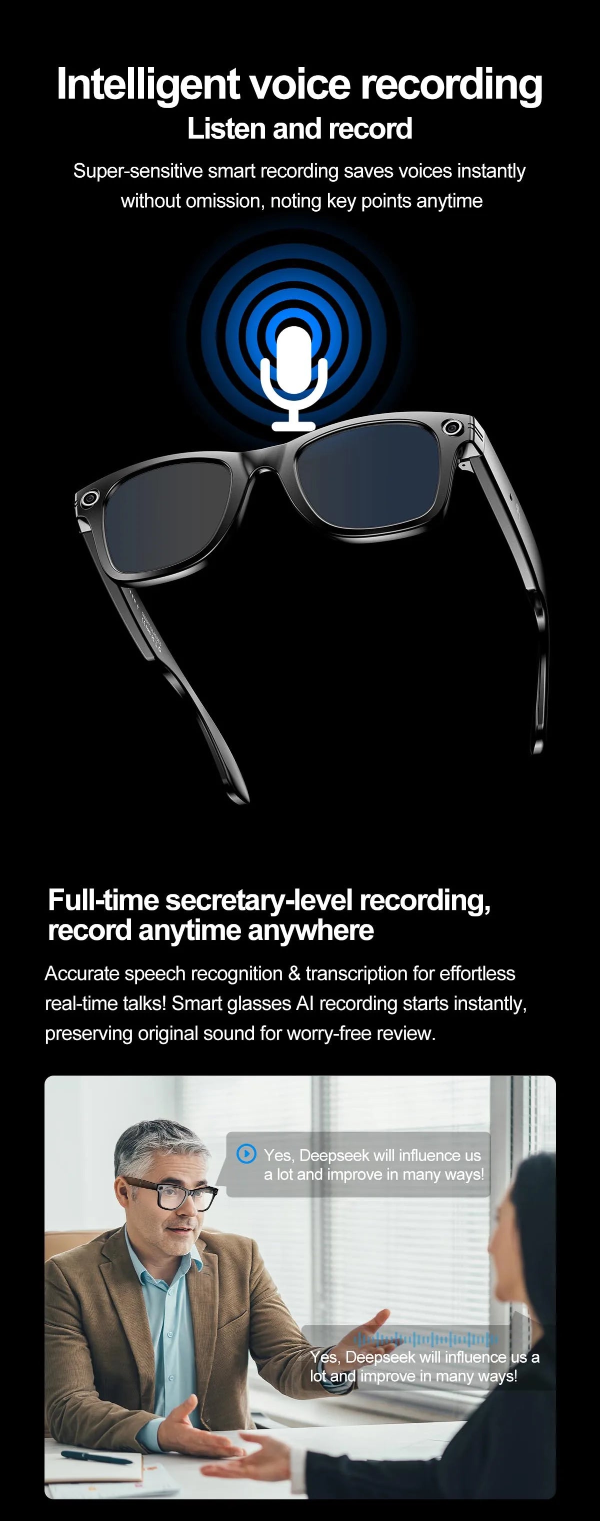 Smart Bluetooth Glasses with Camera – Video Recording, AI Translation & Photo Recognition