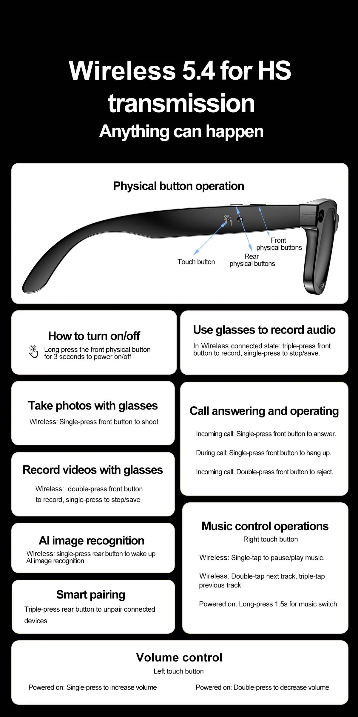 Smart Bluetooth Glasses with Camera – Video Recording, AI Translation & Photo Recognition