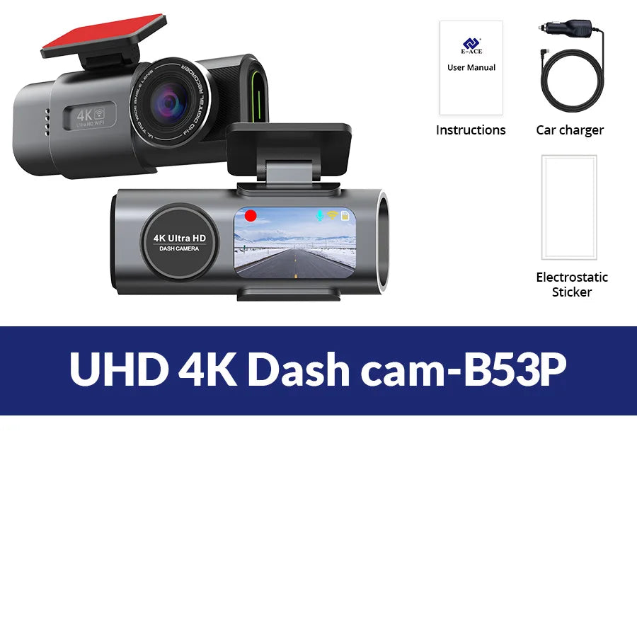 4K UHD Dual Lens Dash Cam with Wi-Fi, GPS, Night Vision, and 24H Parking Monitor