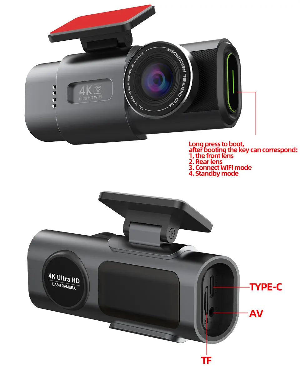 4K UHD Dual Lens Dash Cam with Wi-Fi, GPS, Night Vision, and 24H Parking Monitor