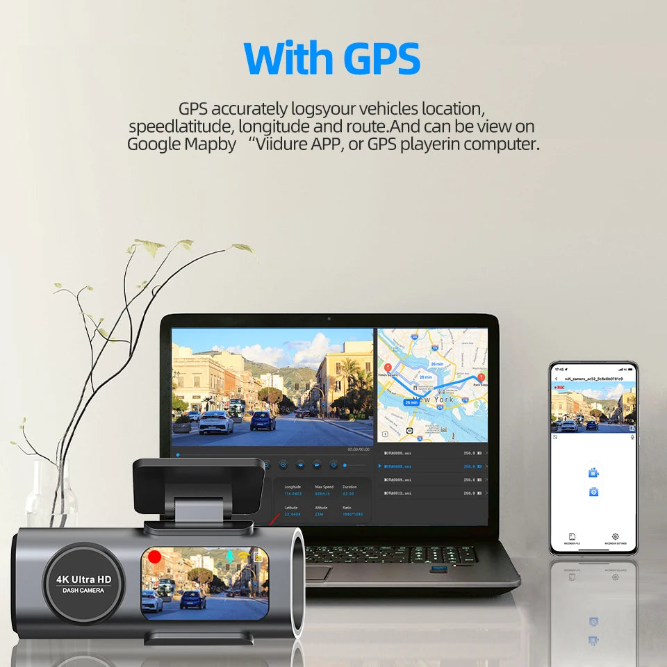 4K UHD Dual Lens Dash Cam with Wi-Fi, GPS, Night Vision, and 24H Parking Monitor