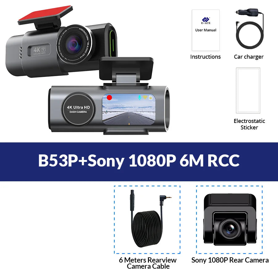 4K UHD Dual Lens Dash Cam with Wi-Fi, GPS, Night Vision, and 24H Parking Monitor
