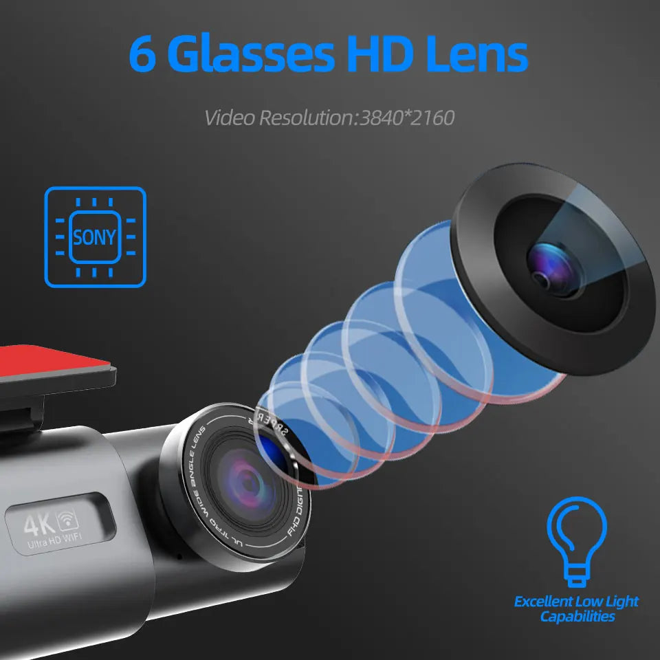 4K UHD Dual Lens Dash Cam with Wi-Fi, GPS, Night Vision, and 24H Parking Monitor