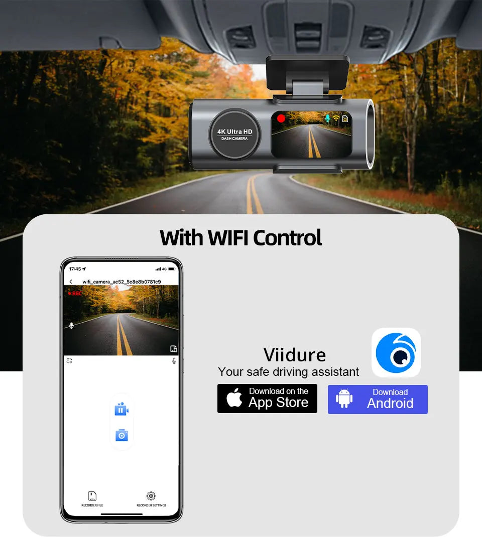 4K UHD Dual Lens Dash Cam with Wi-Fi, GPS, Night Vision, and 24H Parking Monitor
