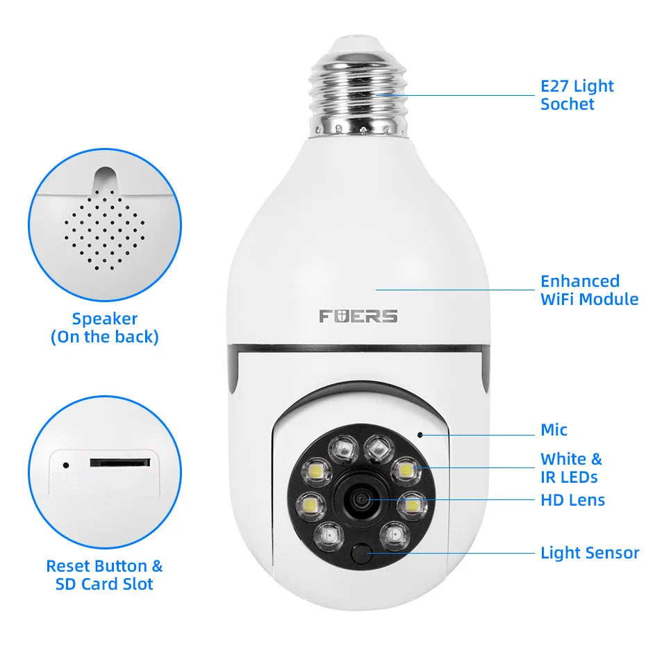 360° Smart Bulb Security Camera – WiFi, Night Vision & Auto Tracking in One!