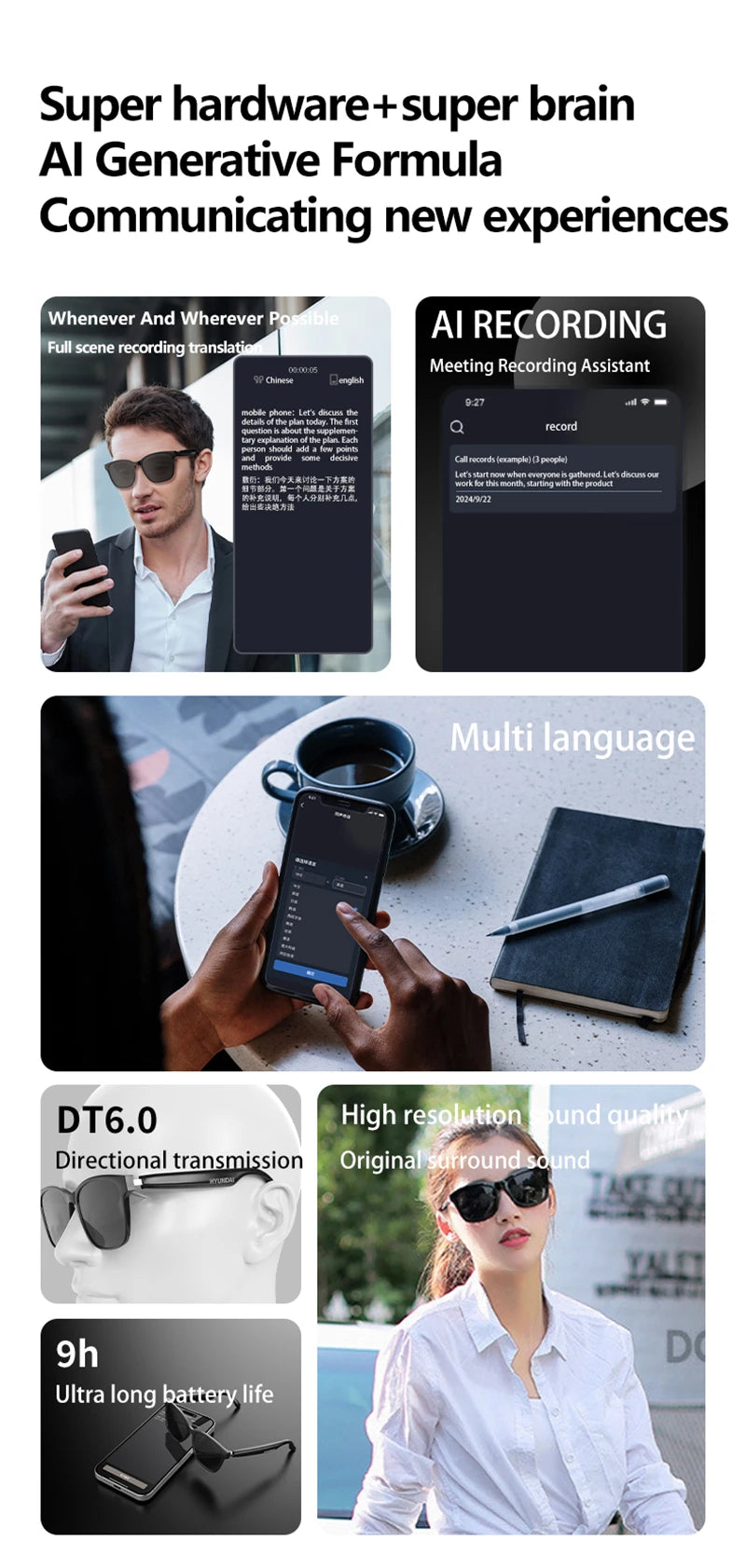 Xiaomi HY-C8 Smart Glasses – Real-Time AI Translation & Wireless Bluetooth Headset for Effortless Communication