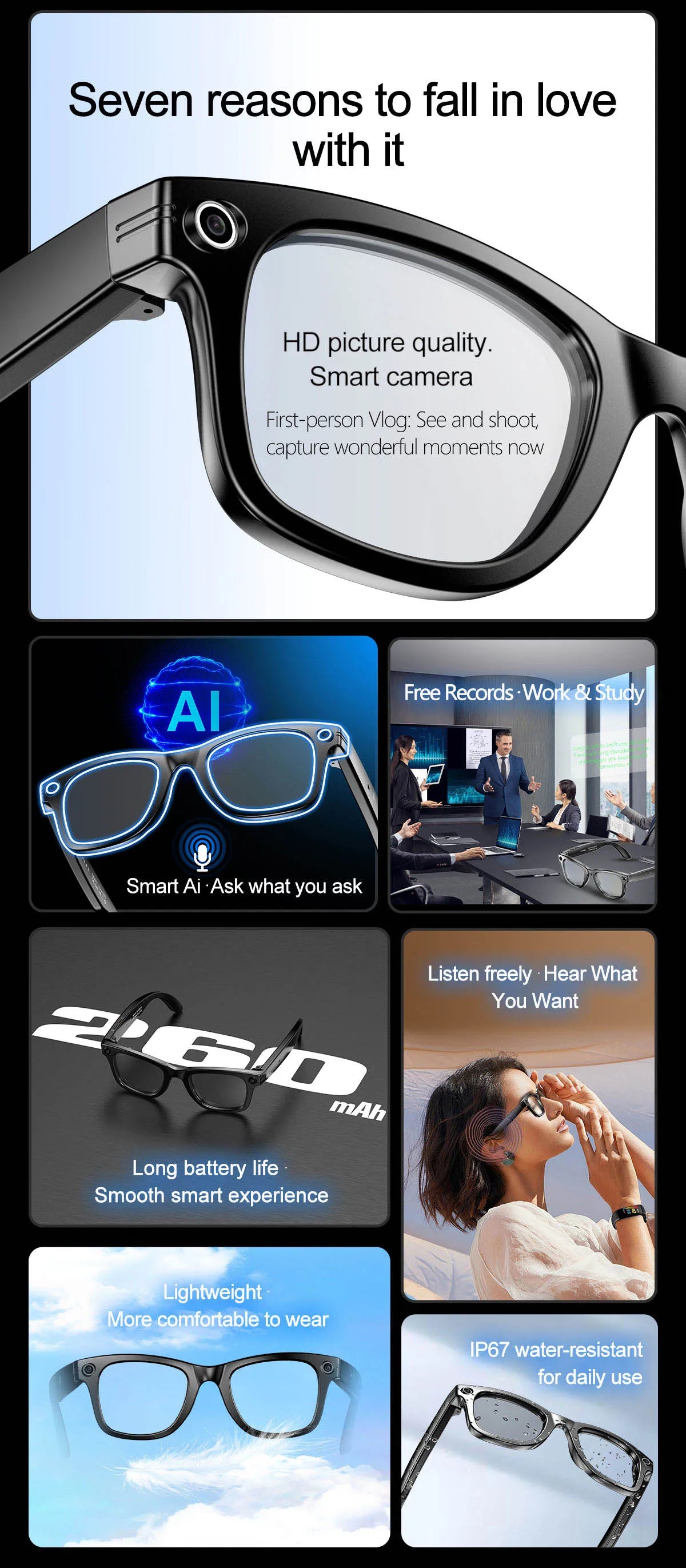 Smart Bluetooth Glasses with Camera – Video Recording, AI Translation & Photo Recognition