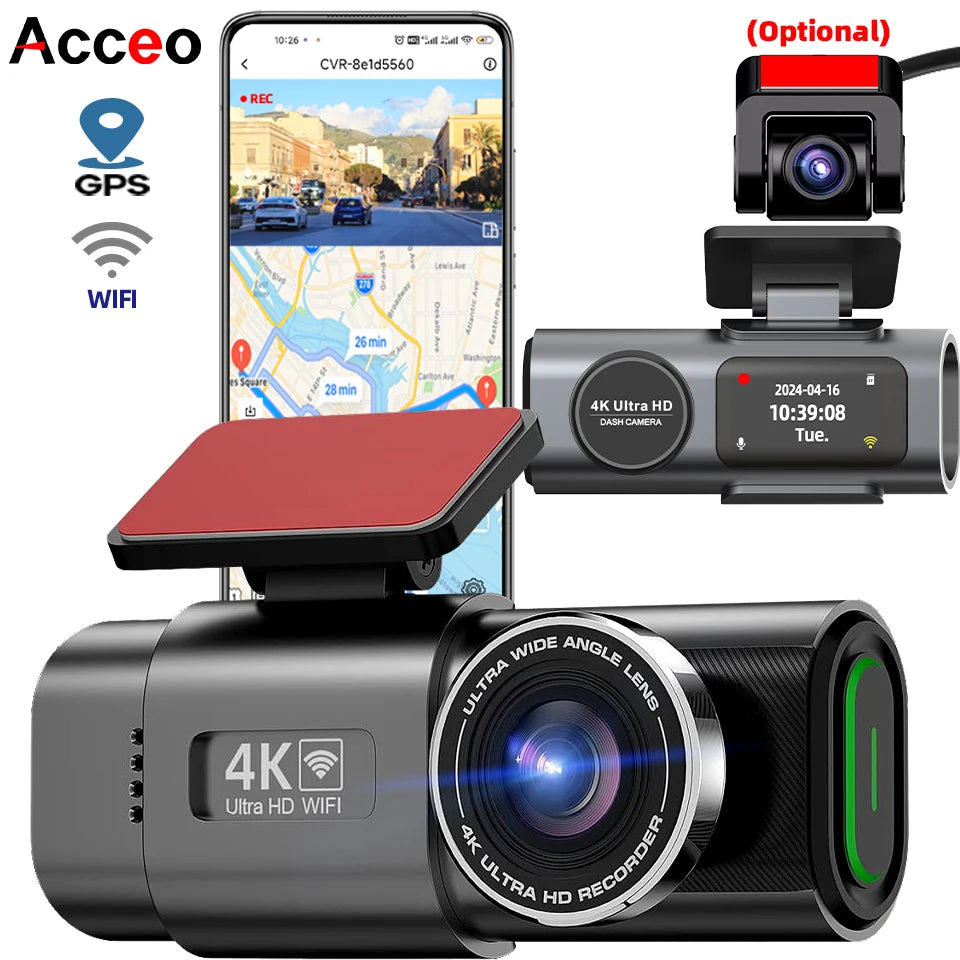 4K UHD Dual Lens Dash Cam with Wi-Fi, GPS, Night Vision, and 24H Parking Monitor