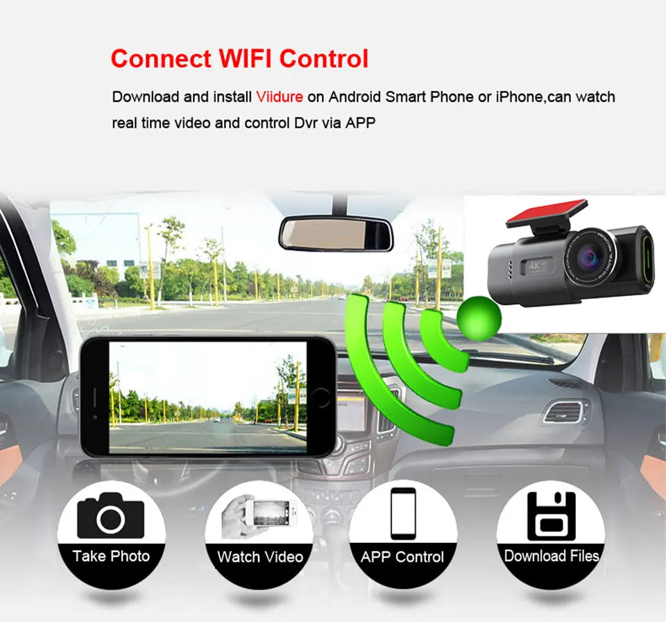 4K UHD Dual Lens Dash Cam with Wi-Fi, GPS, Night Vision, and 24H Parking Monitor
