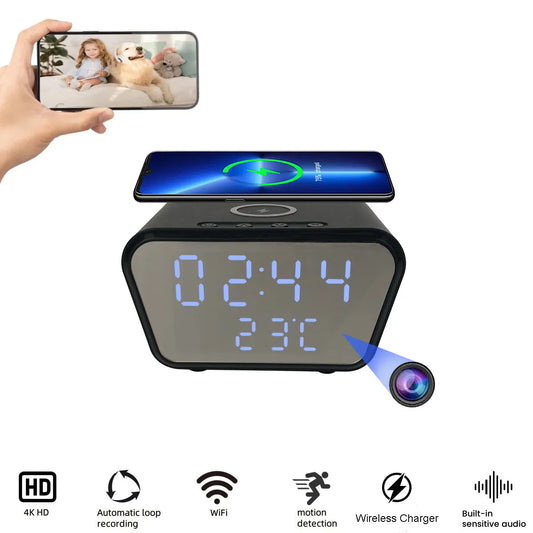 4K Alarm Clock Camera with WiFi — Wireless Charger, Baby Monitor, Motion Detection, Remote Viewing & Home Security Recording