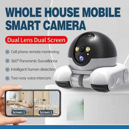Smart Robot Security Camera on Wheels – Dual-Lens, Night Vision, Two-Way Video Call, Indoor/Outdoor Use