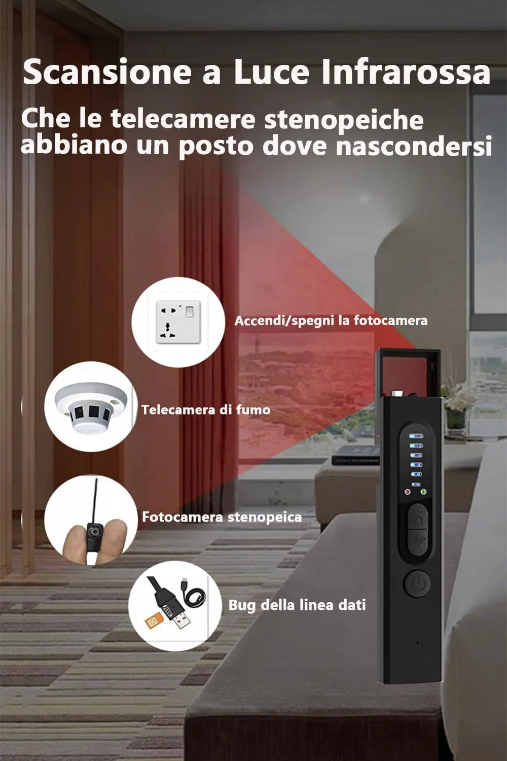 Wireless Hidden Camera & Spy Detector – Anti-Spy Bug Finder with Frequency Jammer for Office, Hotel, and Travel