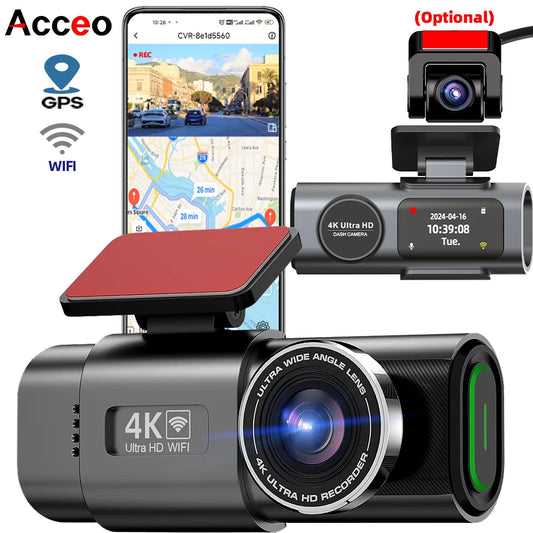 4K UHD Dual Lens Dash Cam with Wi-Fi, GPS, Night Vision, and 24H Parking Monitor